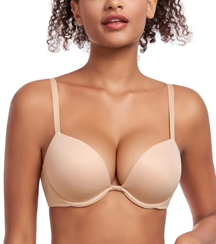 Lemorosy Reggiseno Donna Scollo a V Profondo Push Up Classico con Ferretto e Imbottito (Beige,3E)