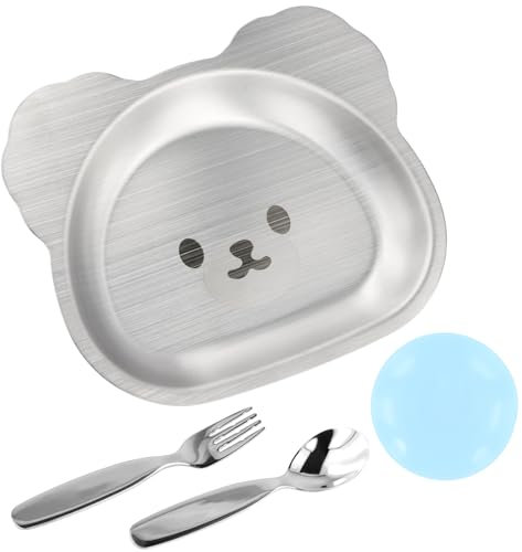 Assiette en Acier Inoxydable pour Enfants,Ensemble de Vaisselle en Forme D'ours,Assiettes à Dîner Incassables,avec Ventouse et Couteau et Fourchette, pour les Mangeurs Difficiles,Déjeuner, Camping