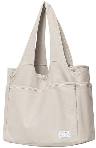 LMGO Utility Large Canvas Tote Bag with 13 Pockets, Women Casual Shoulder Bags for Work Gym Beach Travel Shopping Grocery - Light Gray