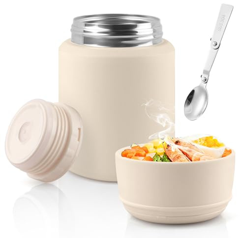 Acasimo Contenitore termico per alimenti, 550 ml, in acciaio inox, con cucchiaio, tazza per cereali da asporto, per congelatore, lavastoviglie, adulti (bianco)