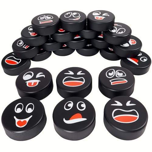 Retrora 24 Pcs Foam Ice Hockey Pucks with Emotions Faces & Mesh Bag - Mini Indoor 3 Funny Hockey Pucks for Practice, Training, Birthday Party Favors & Fun Gift Decoration