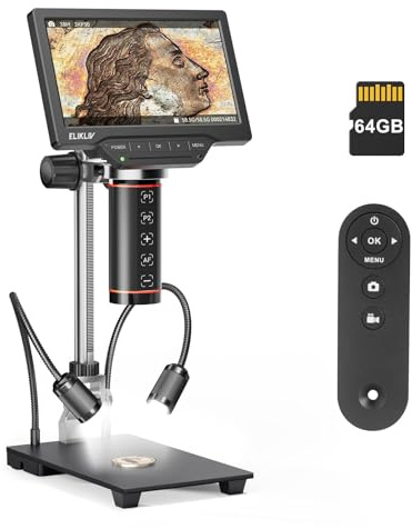 Elikliv EM3K-AF Microscopio Digitale 3K Autofocus HDMI per Saldature, Schermo LCD da 7 e 38MP, Lente per Monete e Saldatura, Supporto da 10'', Compatibile PC/Windows/Mac OS, 64 GB