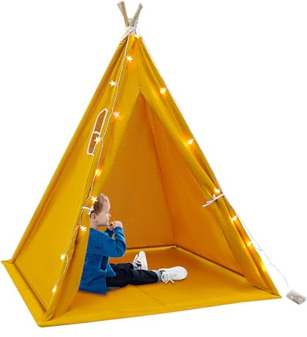 Tipi - Tienda tipi plegable para niños - 120 x 120 x 140 cm - Tienda de juego plegable para el interior - Tienda de juego para niños - Con alfombra luminosa - Amarillo