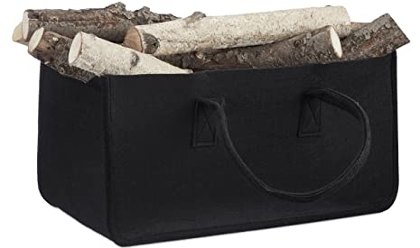 Relaxdays Kaminholztasche aus Filz, tragbarer Feuerholzkorb, faltbarer Zeitungshalter HxBxT: 25 x 25 x 50 cm, schwarz