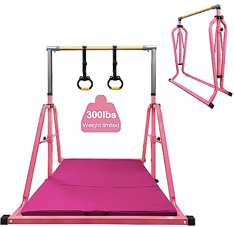 BYBAG Foldable Gymnastics Kip Bar,Horizontal Bar for Kids Girls Junior,No Wobble Gym Equipment for Home Indoor,3' to 5' Adjustable Height,Gymnasts 1-4 Levels,300 lbs Weight Capacity(LIGHTPINK)