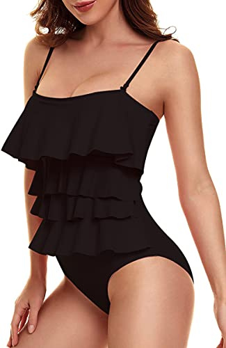 JFAN Costume da Bagno Donna Estivo Un Pezzo Volant Senza Schienale Controllo della Pancia Sling Bikini Nero XL
