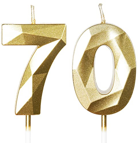 Yiran 70th Birthday Candles, Gold Number 70 Happy Birthday Candles, Cake Topper Decorations for Birthday Party, Wedding Anniversary Celebration Supply