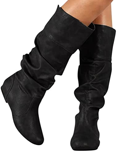 ticticlily Stivali Alti da Donna Invernali Moda Stivali da Equitazione Casual Comodi Tacco Piatto Scarpe in Pelle A Nero 36 EU