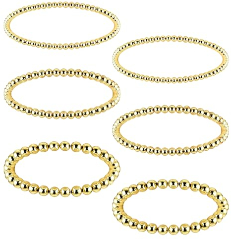 Telooco Gold Perlenarmband Damen 6 Stück Stapelbare Armbänder mit Goldenen 3/4/6 mm Perlen Armband Kette Elastisches Stretch Perlenarmbänder Schmuck Armreif Geschenk für Damen Mädchen