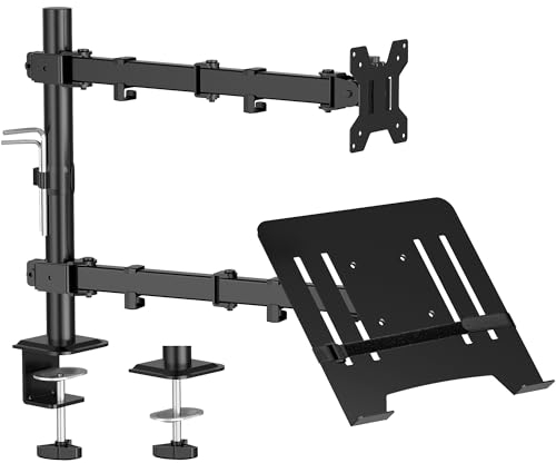 WHYFONE Monitor Halterung mit Laptop Arm für 13-32 Zoll LCD LED Bildschirm, Monitor Laptop Halterung bis 17 Zoll Notebook, Höhenverstellbar mit Neigungen, Schwenken, Drehen, Monitorhalterung Max 10kg