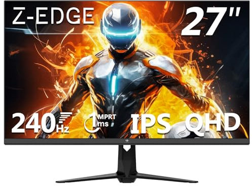 Z-Edge 27 Inch 240Hz Gaming Monitor QHD 2K IPS Monitor 1ms 2560x1440 LED Monitor, 400cd/m² Brightness, HDR10, FreeSync, FlickerFree, HDMI(144Hz) x2, DisplayPort(240Hz) x2, VESA Mountable