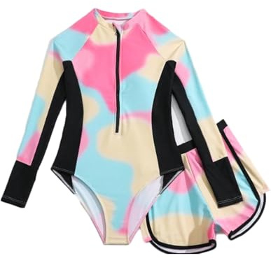 JiAmy Traje de Baño Niña 2 Piezas, Camiseta Mangas Largas Protectora Solar con Shorts, Estampado Tie-Dye para Chicas Adolescentes 8 a 13 Años