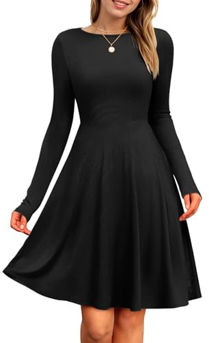 PLOKNRD Vestito da Donna a Maniche Lunghe, Scollo Rotondo, Abito Casual al Ginocchio Autunno Inverno (Nero,M)