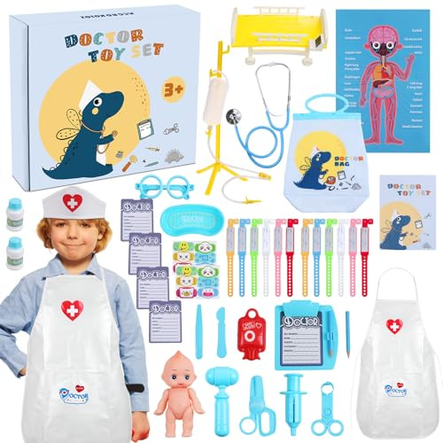 Maletin Doctora Juguetes, Maletin Medico Juguete Infantil, 44Pcs Fonendoscopio Juguete Disfraz Kit Doctor Accesorios Juego de rol Regalos para Niñas Ninos Edades 3 Años o Más (Azul)