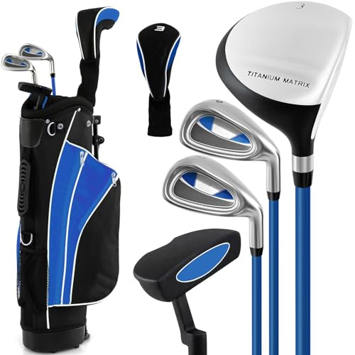 SPOTRAVEL 6 PCS Junior Golf Club Set, Youth Practice Golf Set with 3# Fairway Wood, 7# & 9# Irons, Putter, Head Cover & Stand Bag, Children Golf Package Set for 8-10 Years Old, Right Hand (Blue)