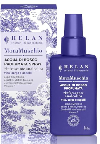Helan Mora Muschio - Acqua di Bosco Profumata Spray, Soluzione Analcolica Fragrance-Care Rinfrescante per Viso, Corpo e Capelli, con Mirtillo Mora e Tè, Vitamina C - 100 ml, Made in Italy