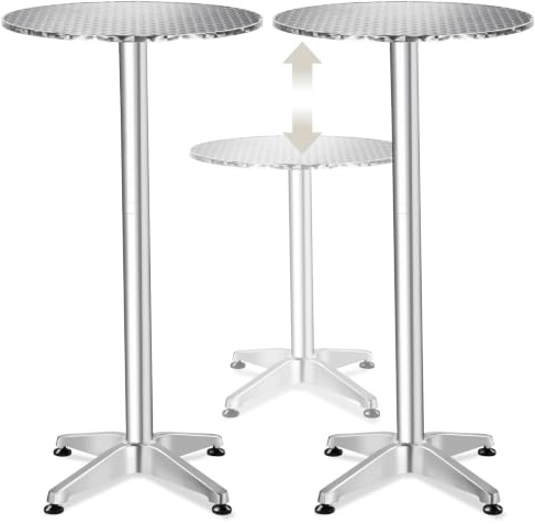 tectake® Table de bistrot Ronde 2en1 en Aluminium, Lot de 2, Pliable, Ø60cm | Résistante aux intempéries, Hauteur réglable 75 ou 115 cm, Socle en ciment, Montage facile, Charge Max. 60 kg - Argenté