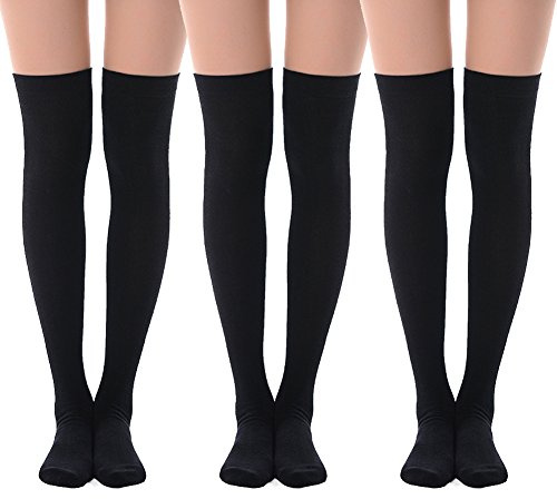 MEIKAN Over the Knee Socks for Women, Thigh Highs-Black Over Knee Socks,Opaque Stockings Cosplay Cotton Womens Long Stocking 3 Pairs (Black)