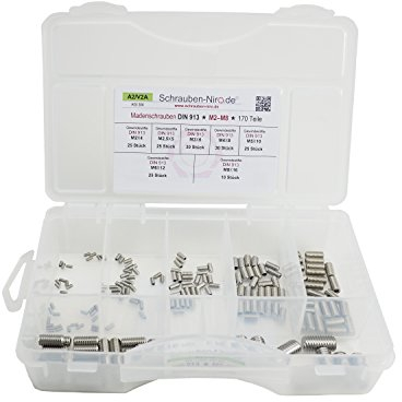 Sortiment/Set Edelstahl Madenschrauben DIN 913 - M2 bis M8 - VA A2 V2A - Gewindestifte mit Kegelkuppe - 170 Teile