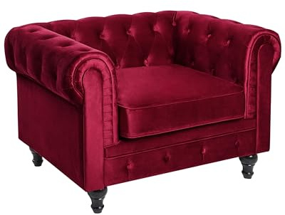 Fauteuil en Velours Rouge Dossier à Points Diamant Style Classique Chesterfield