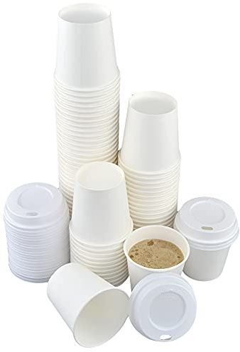 ILIP 100 vasos de papel blanco (6 cm de alto x 6 cm de diámetro) de 120 ml + 100 tapas blancas con boquilla para café y bebidas calientes