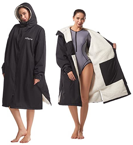Hiturbo Warm Waterproof Swim Parka: Oversized Hooded Changing Robe - Sherpa Liner Swimming Coat - Recycled Fabric Surf Poncho (Black)