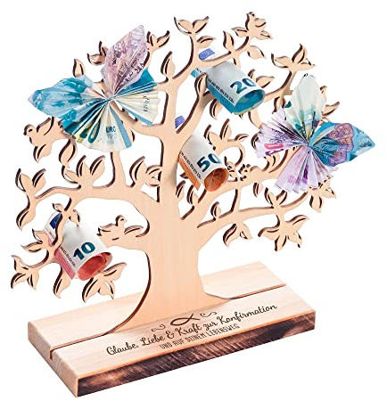 Geldbaum aus Erlenholz mit Gravur zur Konfirmation, Deko-Lebensbaum, Geldgeschenk für Jungen und Mädchen, Verpackung für Geldgeschenke, Konfirmationsgeschenk