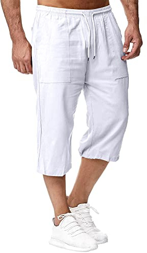 Sprifloral Mens Linen Shorts 3/4 Length Pants with Pockets Drawstring | Lightweight,Comfortable,Loose Fit,Casual Summer Trousers,Beach Vacation Shorts,Yoga Joggers,S-5XL