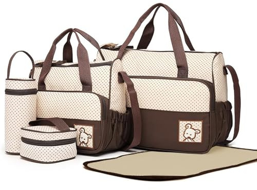 Kmrlofiy 5er-Set Baby Wickeltasche Babytasche Mama Wickelrucksäcke Handtasche Schultertasche Flaschenhalter mit Wickelunterlage für Reise, Baby Wickelumhängetaschen (Braun)