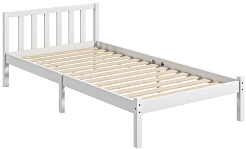 HOMCOM Bettrahmen Holzbett mit Lattenrost, 208 x 96 cm Bettgestell mit Kopfteil, Einzelbettgestell für Schlafzimmer, Weiß