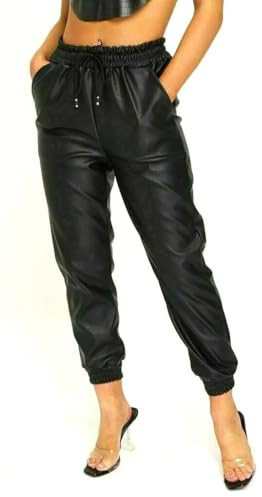 Women’s Ladies Wet Look Faux Leather PU PVC Shiny Trouser Ladies Joggers Pants Paper Bag Cuffed Jogging Bottoms Draw String Tie Up Waist Trouser (Black, 10)