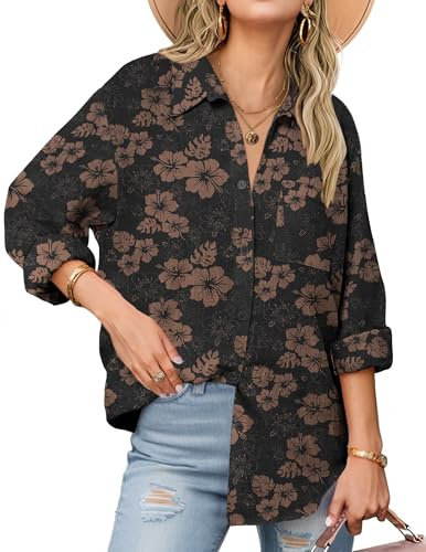 Zeagoo Hawaiian Shirts for Women Collared Tops Black Linen Button Up Shirt Black Hawaiian
