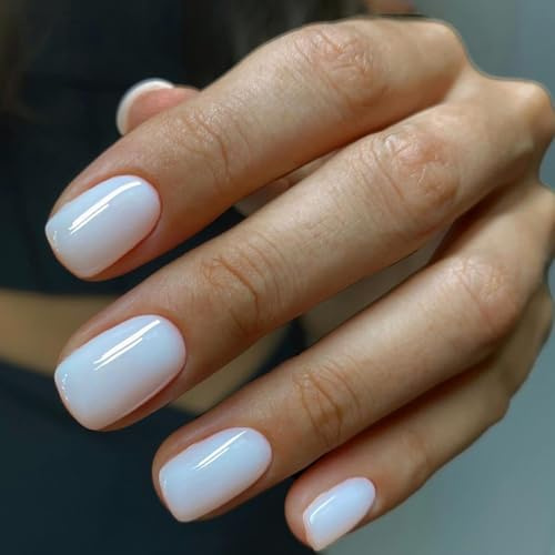 24 Pezzi Unghie Finte Quadrate Corte French Press on Nails Unghie Artificiali Lucide Tinta Unita Acrilico Unghie Finte Adesive Copertura Totale Naturali Fake Nails per Donne e Ragazze (Bianco Crema)