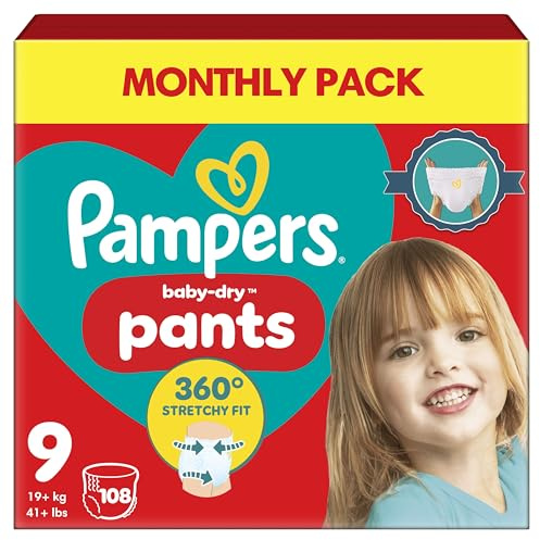 Pampers Baby-Dry Pants Größe 9, 108 Windeln, 19kg+, 360° Passform hilft, Auslaufen zu verhindern