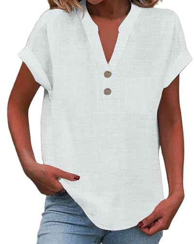 riou 2025 Camisa de Algodón y Lino con Botones para Mujer Color Sólido Blusa Cuello en V Camisa Moda Camiseta Elegante Tops Casual Sueltas de Trabajo de Oficina Shirt Talla Grande tee