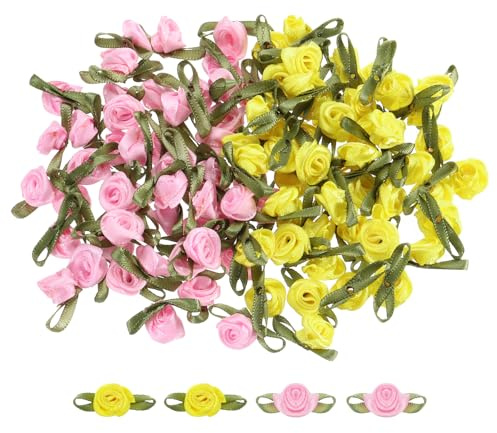 QUARKZMAN 100 stycken gul/rosa konstgjorda minirosetter blommor 12,7 x 1–3/16 minirosor rosetter rosor med blad dekoration tygblommor satinband för sömnad förpackning applikationer pyssel bröllop