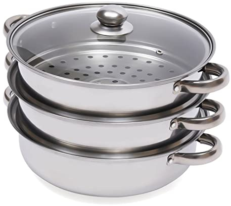 28cm Steamer Pot, 3 Tier Stainless Steel Steamer Cooking Pot, Food Steamer Steam Cooker With Glass Lid, Steamer Pans For Induction Hobs