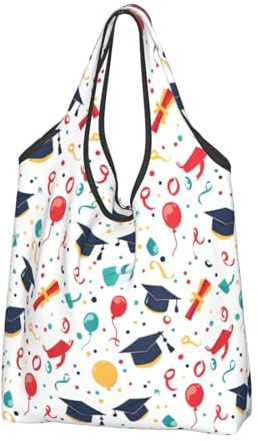 Graduation Cap Balloon Print Reusable Grocery Bags Shopping Bags - Foldable Grocery Bag Tote Bag with Handles, Black, 2 PCS