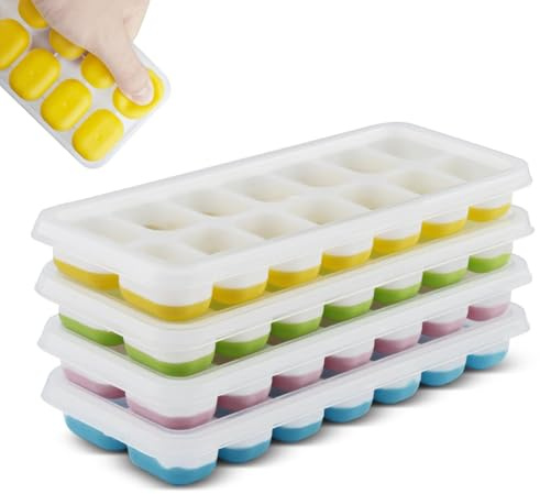 LxsNyvantic Bac à Glaçons Silicone 14 Cavités avec Couvercle, Lot de 4 (Vert Rose Jaune Bleu), Empilable et Réutilisable, Sans BPA, Moule à Glaçons Anti-Fuite, Facile à Démouler, Idéal pour Cocktails