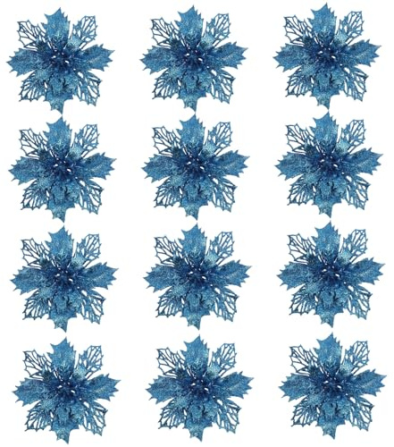 12 Flores navideñas, Flores de Pascua Azules, Artificiales con Purpurina, para Corona de árbol de Navidad. Decoración navideña para el hogar
