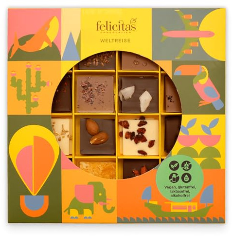 Felicitas Weltreise Schokolade Vegan 200g – 43 Mini Tafeln – 20 Sorten aus aller Welt – Belgische Schokolade Box – Glutenfrei & alkoholfrei – Süßigkeiten Box zum Geburtstag, Ostern, Weihnachten