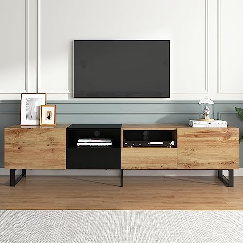 Jaxenor 190cm TV Cabinet with 2 Doors and 2 Drawers, TV Stand Cabinet with Smooth Sliding Rails, Modern Entertainment Unit for Living Room, Supports TVs Up to 85 Inches, Black + Wood