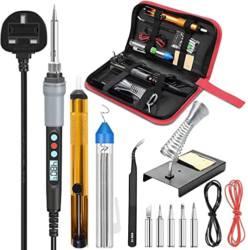 Soldering Iron Kit, 90W Adjustable Temperature Soldering-Iron Gun Kit Welding Tool with 5 Soldering Tips, Desoldering Pump, Tin Wire Tube, Stand, Tweezers
