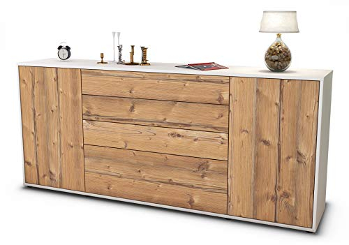 Stil.Zeit Sideboard Eleni, Korpus Weiss matt, Front Holz-Design Pinie (180x79x35cm) Push-to-Open Technik & Leichtlaufschienen