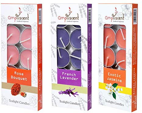 Ampliscent TeaLights Candles I Rose + French Lavender + Jasmine I Pack of 3-30 Premium Tealights I Long-Lasting Aroma | Scented Wax Tealights for Home Decor, Meditation, Christmas & Holiday Gifts