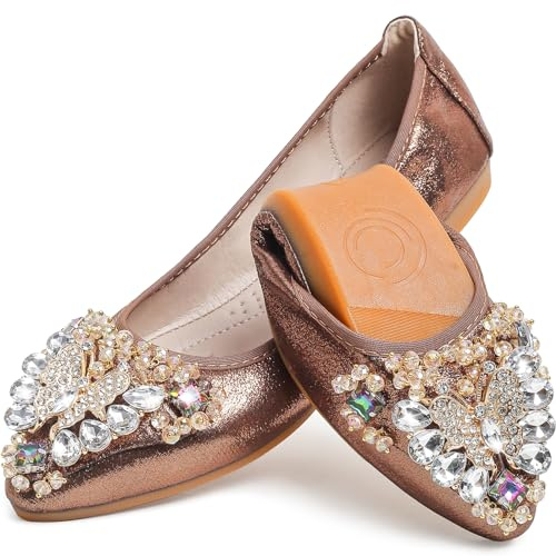 WAMBHC Brown Flats Shoes for Women Bow Rhinestone Pointed Toe Wedding Flats - Foldable Ballet Flat Slip on Flats for Women Dress Comfort - Size 8.5