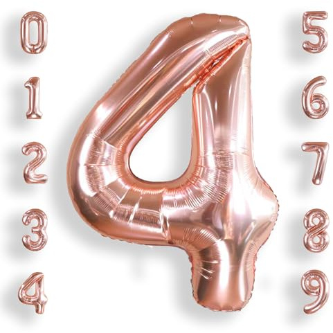 AULE Rose Gold Number 4 Balloon 40 Inch Giant 0-60 Foil Large Balloons | Big Mylar 4 Number Balloon Helium Huge Jumbo for Happy 4th Birthday Party Anniversary Decorations Supplies