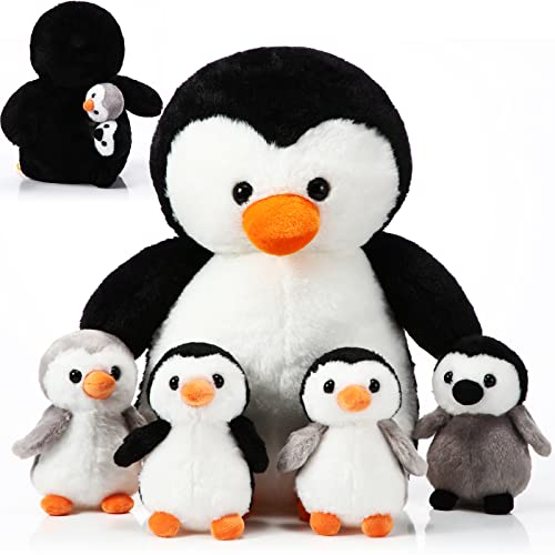 Harrycle 5 Stück Pinguin Plüsch Spielzeug Set 1 Mama Pinguin Stofftier mit 4 Süßen Babys im Bauch 35 cm Weiches Kuscheliges Pinguin Plüschtier für Kinder Valentinstag Geburtstag (Süßer Stil)
