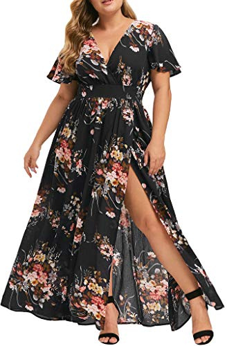 Festliga klänningar för kvinnor stora storlekar, chiffongklänning för knubbiga kvinnor A-linjeklänning sommar kortärmad blommig klänning lång festklänning boho maxiklänning midiklänning sommarklänning elegant fritidsklänning, svart, 3XL