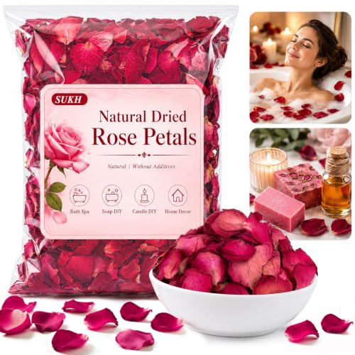 Sukh 180 g getrocknete Rosenblütenblätter – getrocknete Rosenblütenblätter aus echten Blumen, biologisch, für Bad, Spa, Quarzkerzen, Seifenherstellung, Hochzeitskonfetti, Harzschmuck